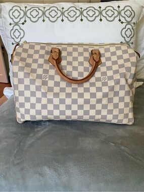 Louis Vuitton Damier Azur Canvas Satchel with Natural Leather Trim